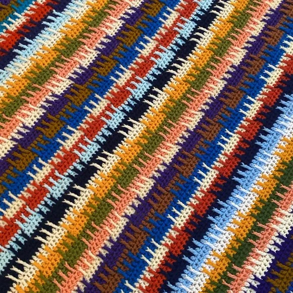 Vintage! Handmade Crochet Stripe Reversible Blanket 63” by 50” - Picture 11 of 11